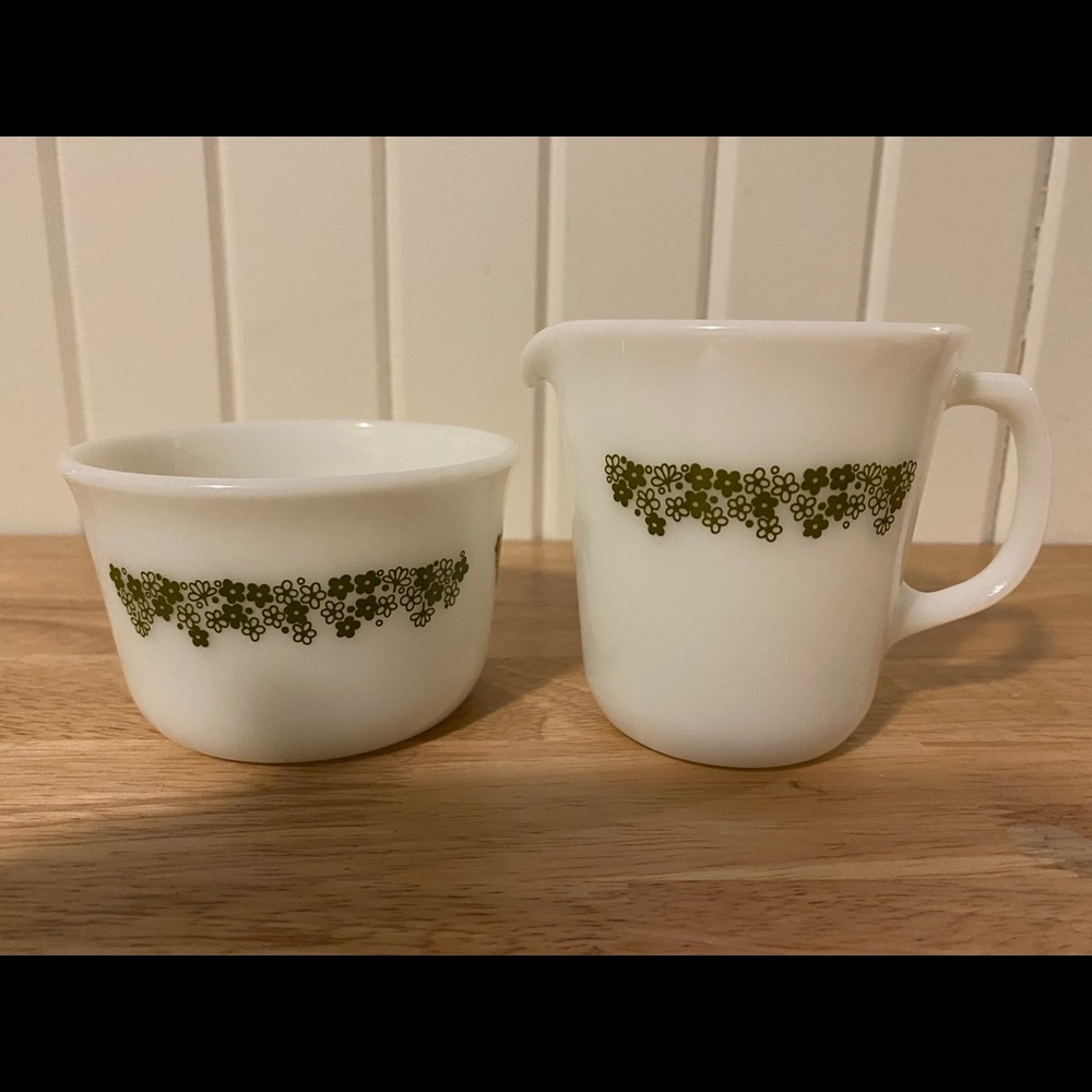 Pyrex, spring blossom, Milk Glass Creamer and sugar bowl